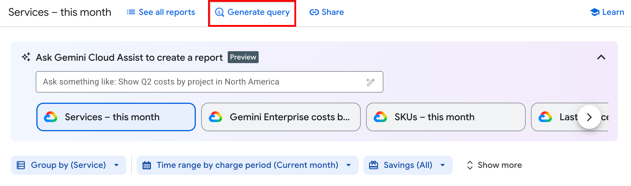 The Generate query button within the Cloud Billing Reports page.