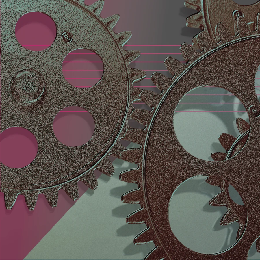 A close-up of three different-sized metal gears with their teeth aligned, set against pink and teal background shapes.