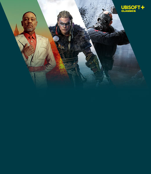 Ubisoft plus Classics, three panels showing game art from Far Cry 6, Assassin's Creed Valhalla, and Rainbow Six Siege