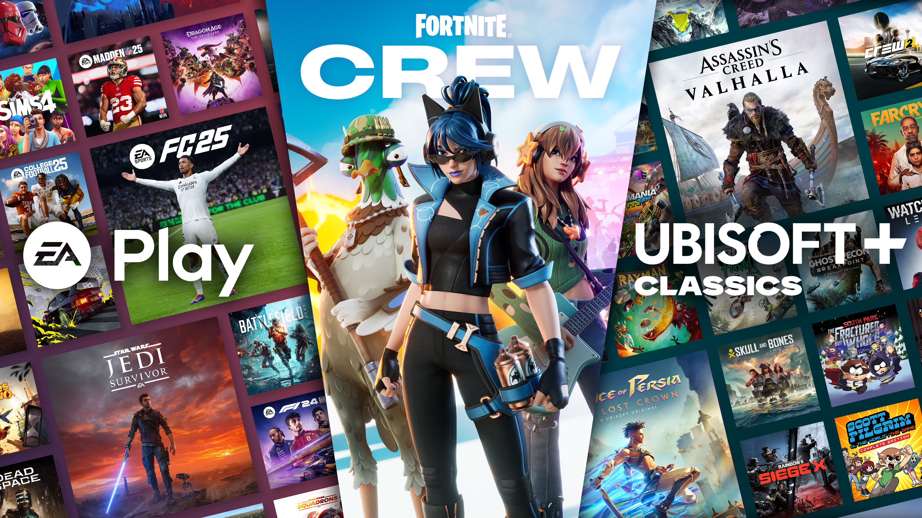 A triple tile image showcasing EA Play, Fortnite Crew, and Ubisoft + Classics badging with box art title background.