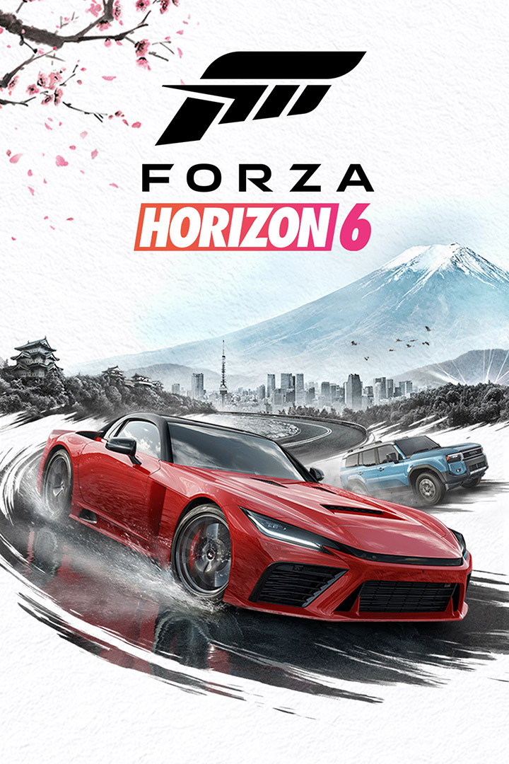 Forza Horizon 6 logo, Two cars race on a track with Mt. Fuji and the Tokyo skyline behind them.