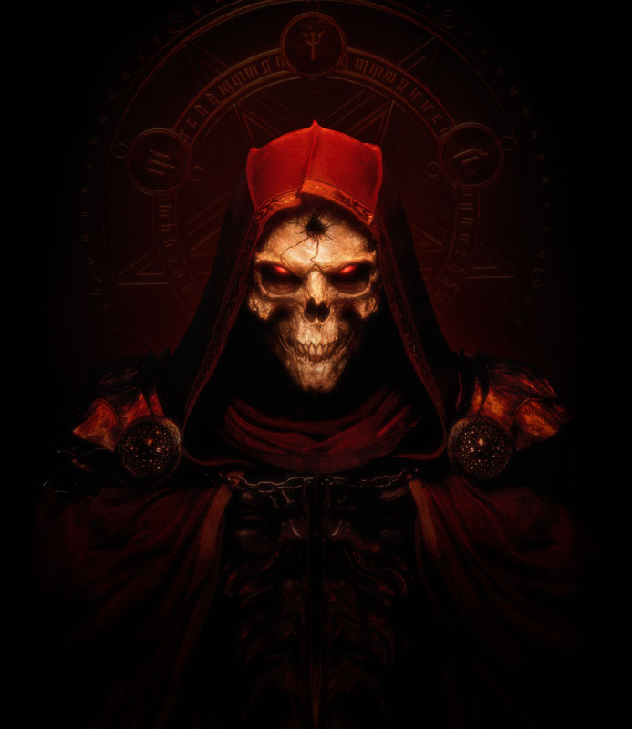 Key art for Diablo II: Resurrected featuring the Dark Wanderer glaring with glowing eyes set into skull-like features.