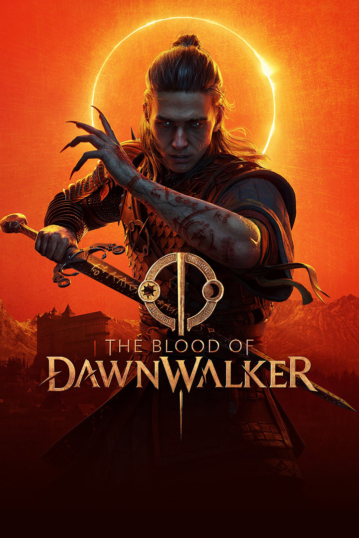 The Blood of Dawnwalker logo, Standing in the shadow of an eclipse, Coen holds a sword in one hand while brandishing his claws with the other.
