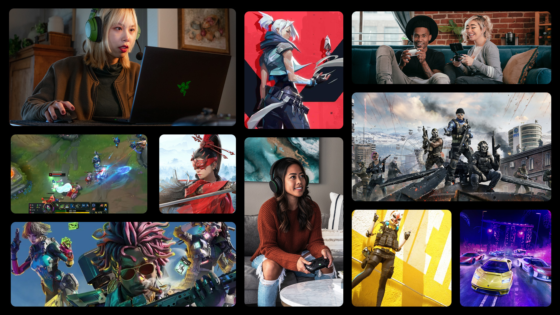 Collage composed of poster images of gamers playing on different devices & in-game experiences