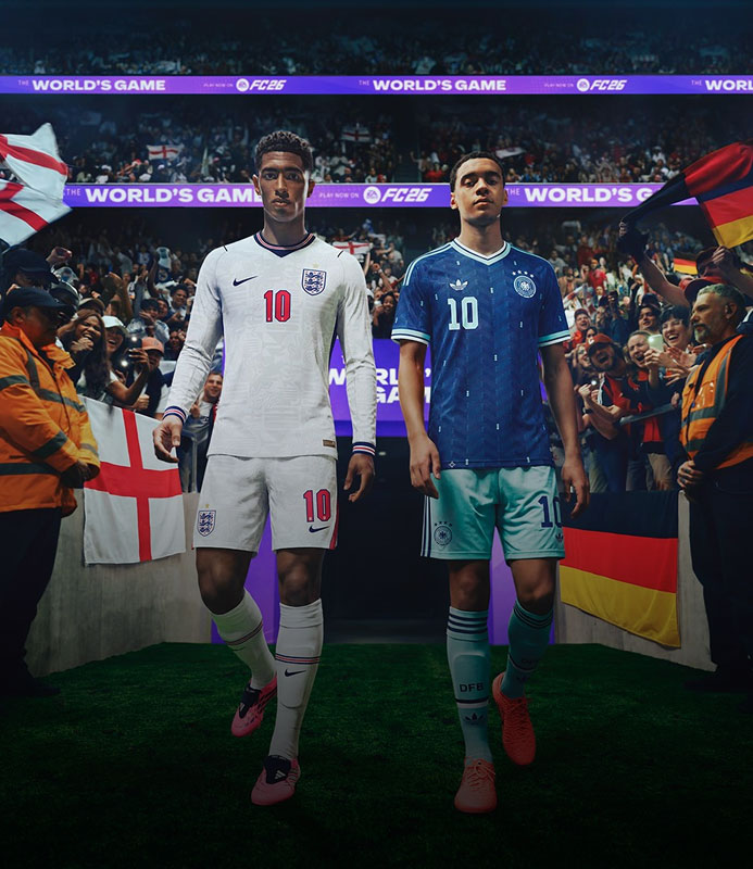 Art for EA Sports FC 26 featuring Jude Bellingham and Jamal Musiala walking out of the players tunnel into a stadium full of cheering fans.