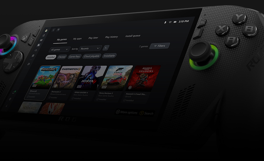 Close up angle of the display with game library UI on the ROG Xbox Ally X