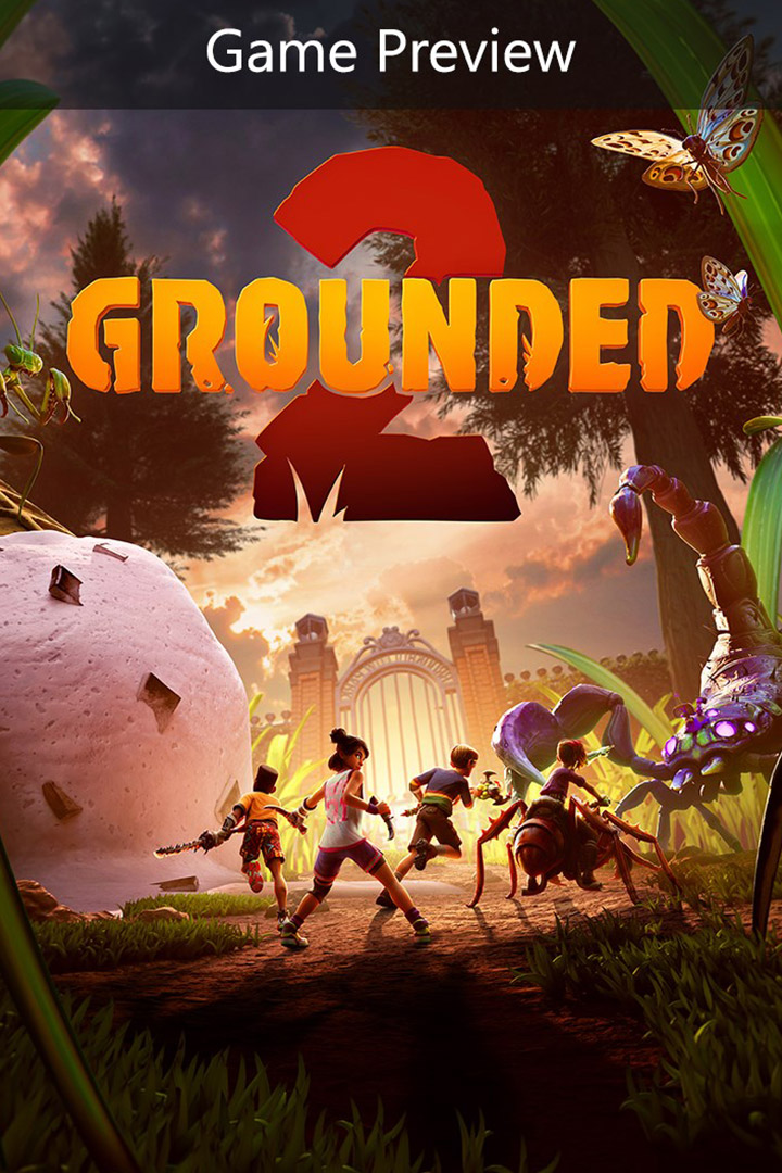 Pelin esikatselu, Grounded 2 -logo, neljä muurahaisen kokoista hahmoa taistelee jättimäistä skorpionia vastaan puutarhassa.