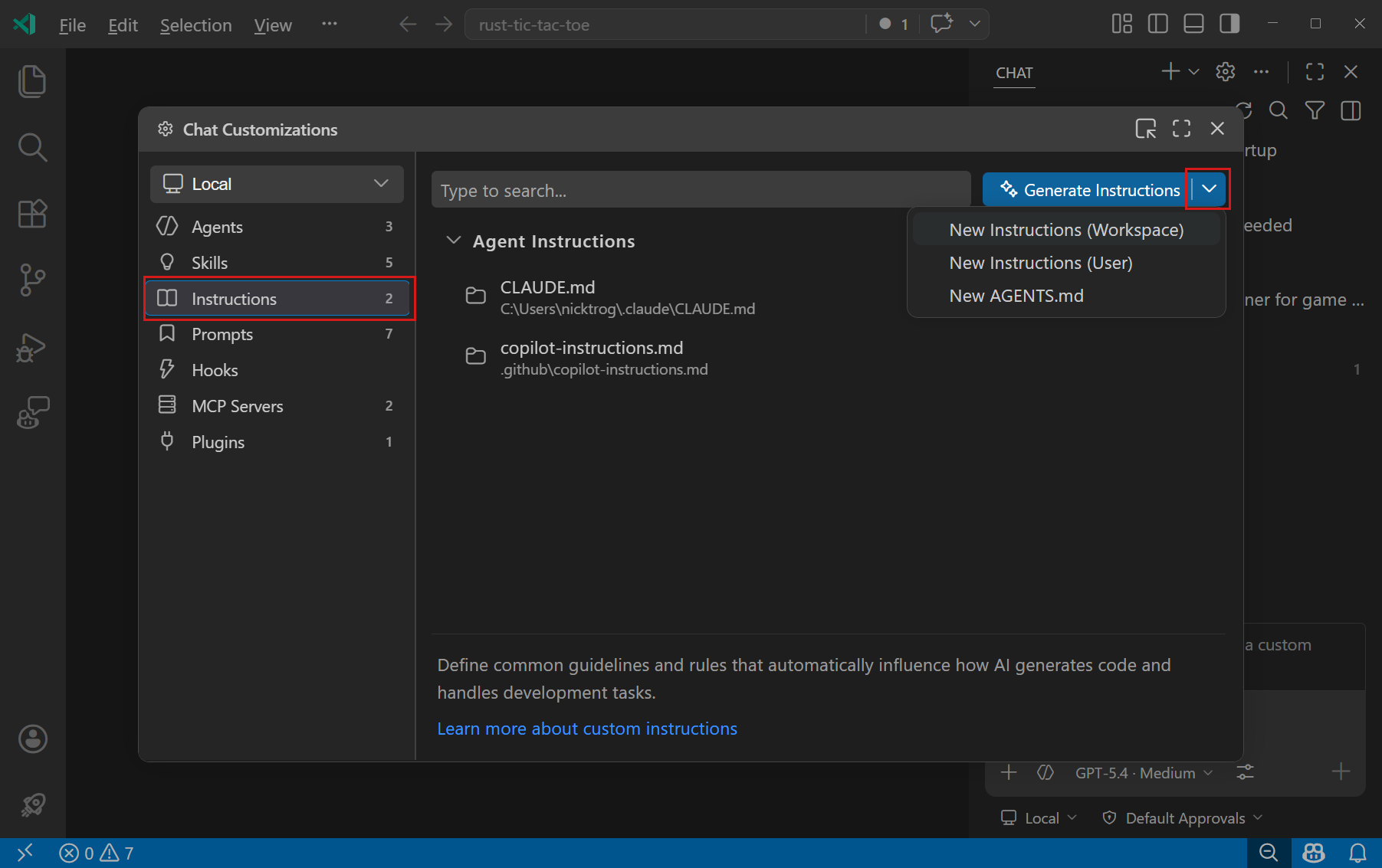 Screenshot showing the Instructions section and the menu for creating an instructions file in the Agent Customizations editor.