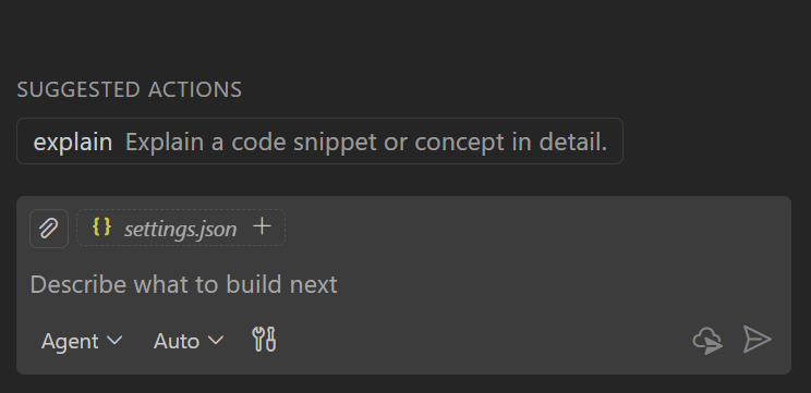 Screenshot showing a "explain" prompt file recommendation in the Chat view.