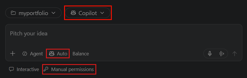 Screenshot of selecting the Copilot agent harness, Agent role, and Manual permissions in the redesigned new-session input.