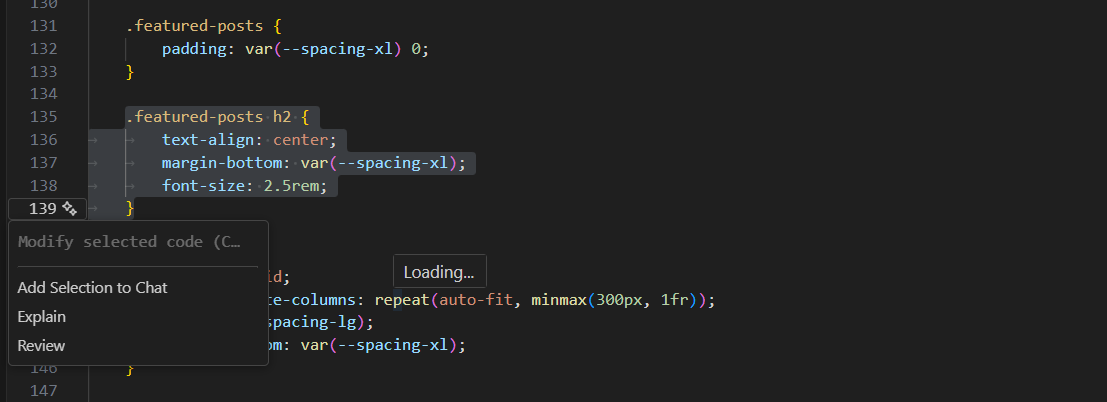 Screenshot showing the inline chat hint in the gutter when text is selected in the editor.