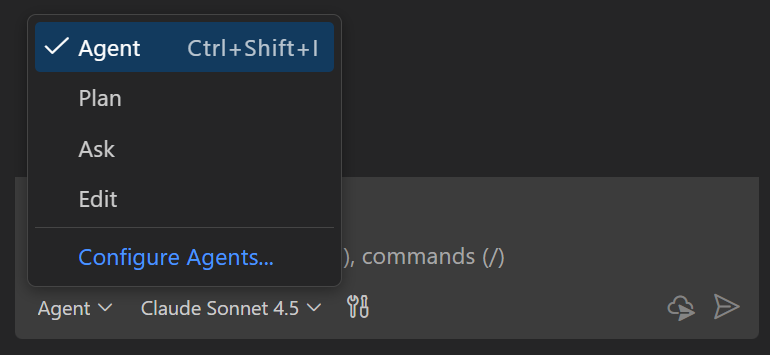 Screenshot showing the agent picker in the Chat view.