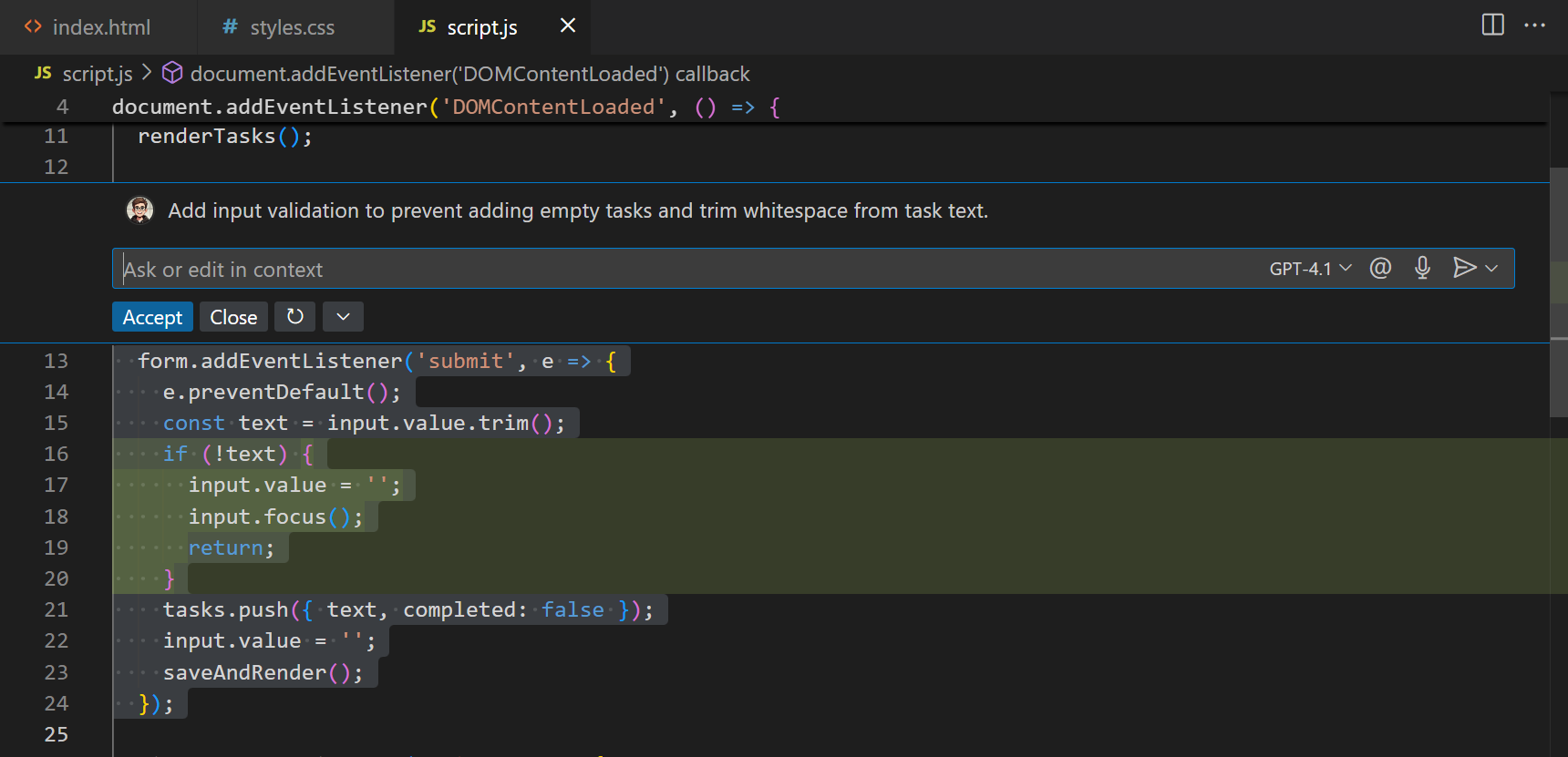 Screenshot showing inline chat adding validation to selected function.