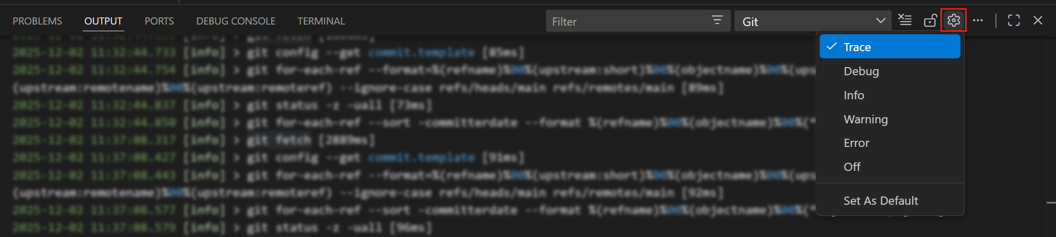 Screenshot showing the trace log level selected in the Git Output window.