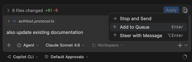 Screenshot showing the steering and queueing options for a Copilot CLI session.