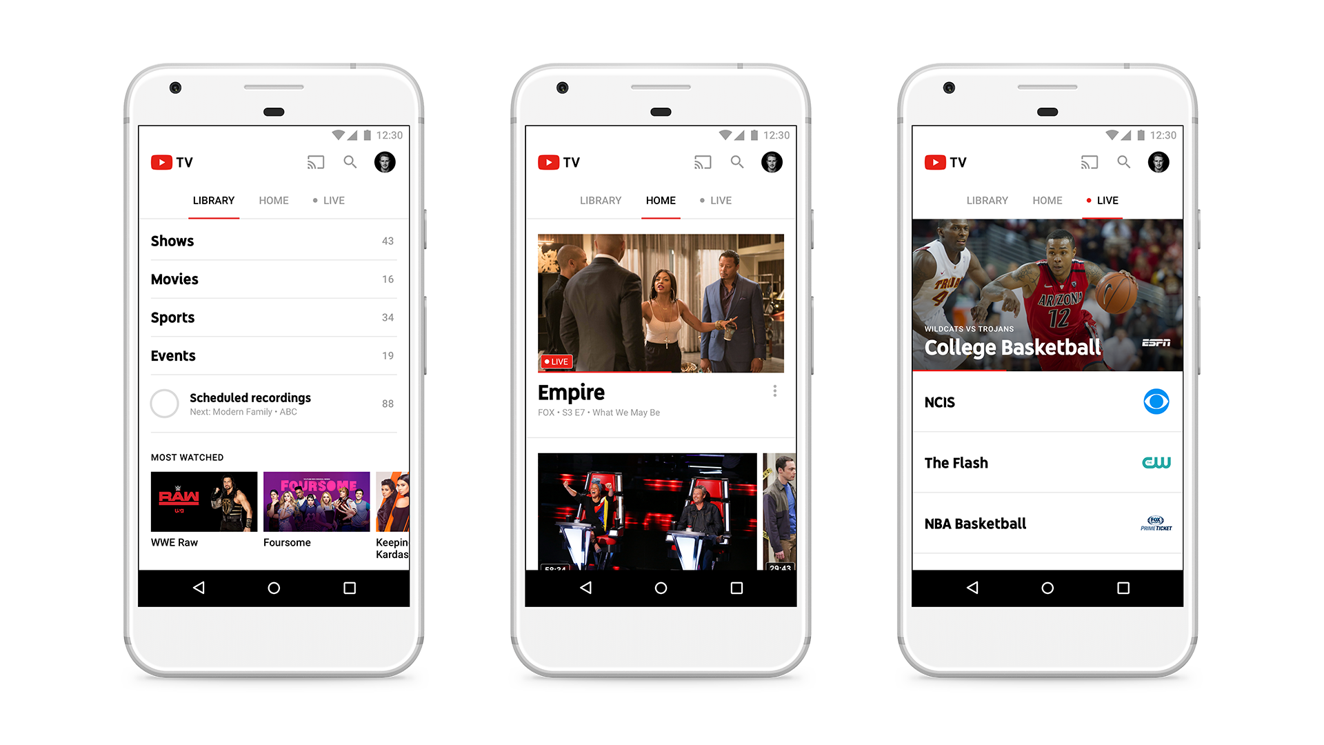 Screenshots showing YouTube TV's mobile app.