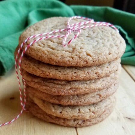 Chewy Maple Cinnamon Cookies 22 Stack of chewy maple cinnamon cookies tied up with red and white baker's twine.