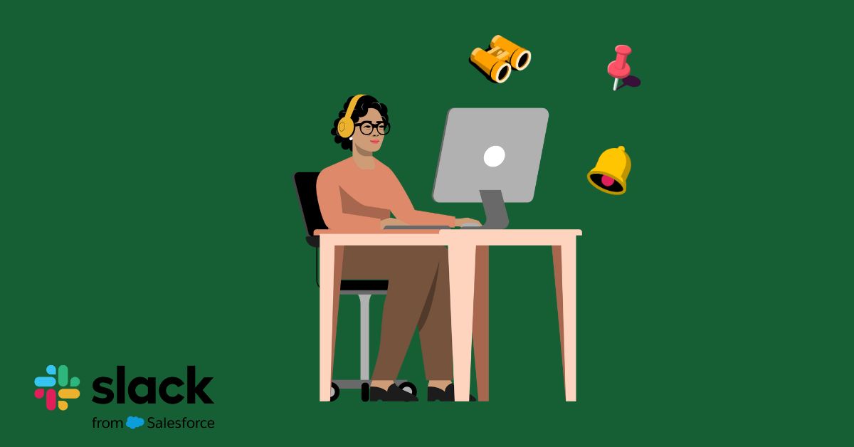 Illustrated image of a woman sitting at a desk with a computer surrounded by slack feature symbols
