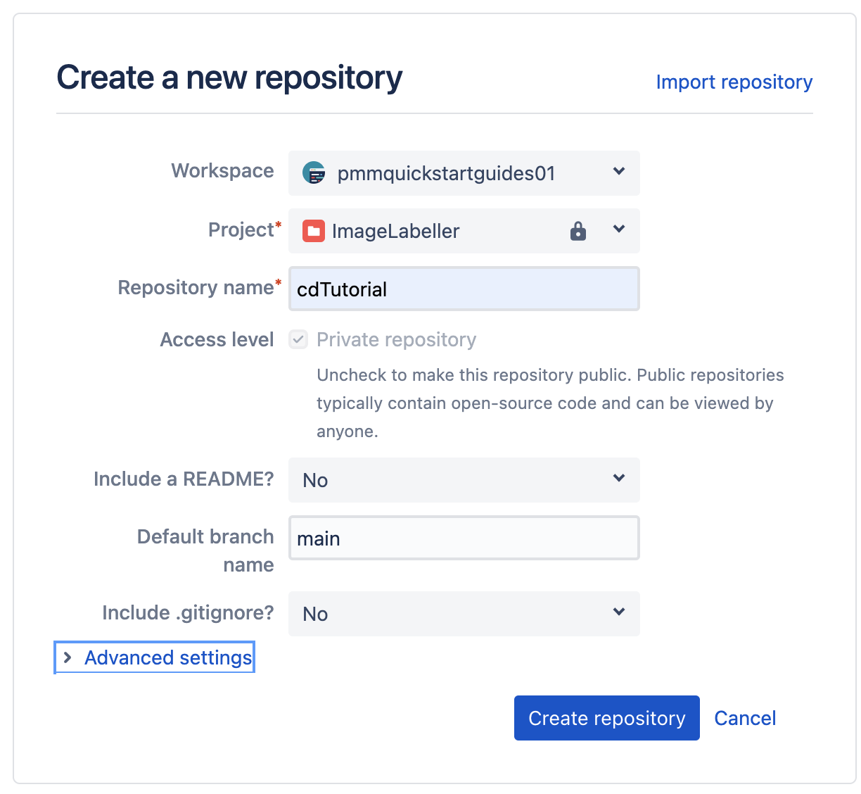zrzut ekranu przedstawiający tworzenie nowego repozytorium w bitbucket