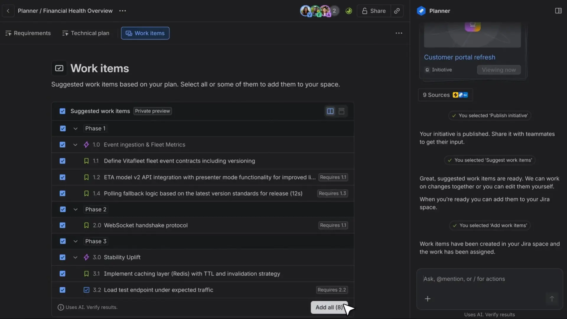 Turn plans and documentation into suggested work items with a click, then review and adjust as needed before accepting.