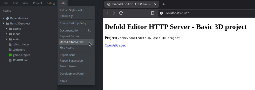 La pagina iniziale del server locale dell'editor