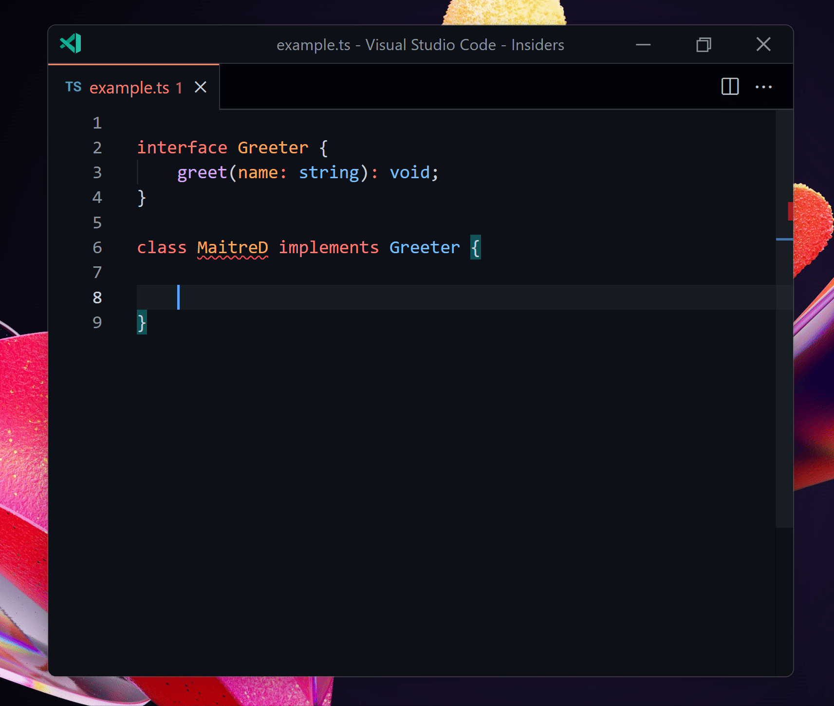 When implementing a method of an interface in a class, TypeScript completes not just the method name, but also the full signature of the type.
