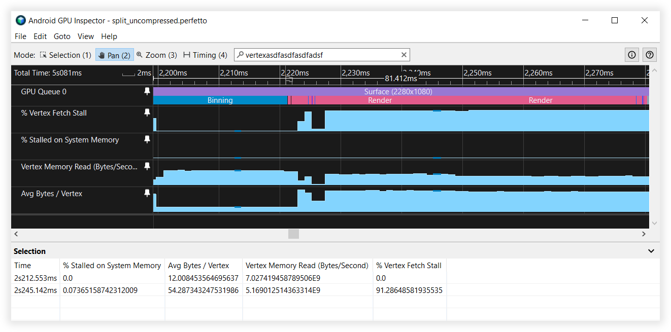 AGI with split vertex streams Android GPU Inspector view of split vertex streams