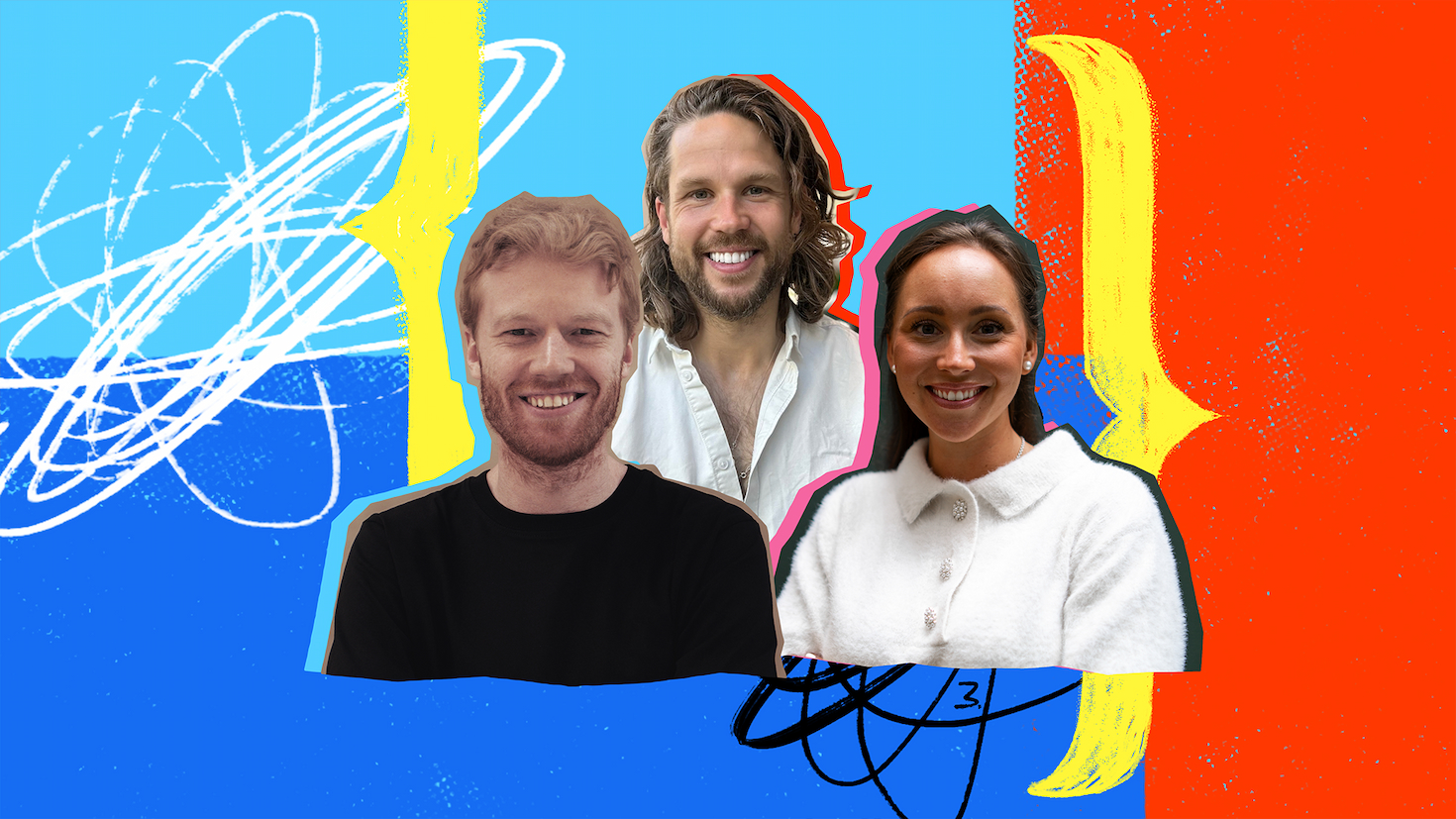 3人のデベロッパの写真が配置されたイラスト。背景は、赤い領域、青い領域、鉛筆で走り書きされた図形、大きな黄色のブラケットで構成された抽象的な画面。