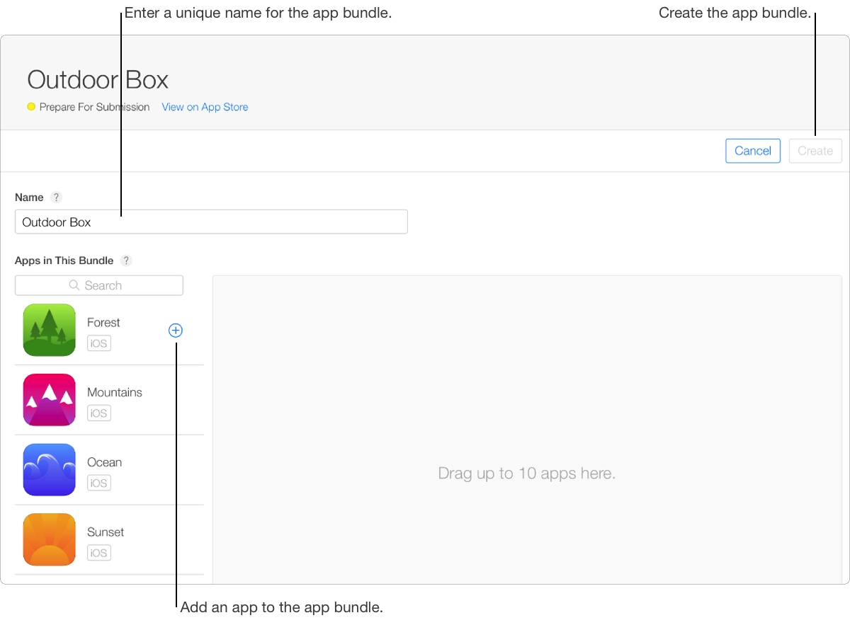 截屏显示了新建 App 套装的详情页,可在此输入 App 套装名称,还可搜索要添加进套装的 App。左侧列出了账户中的所有 App,你可以拖拽最多 10 个 App 到右侧的框内进行添加。