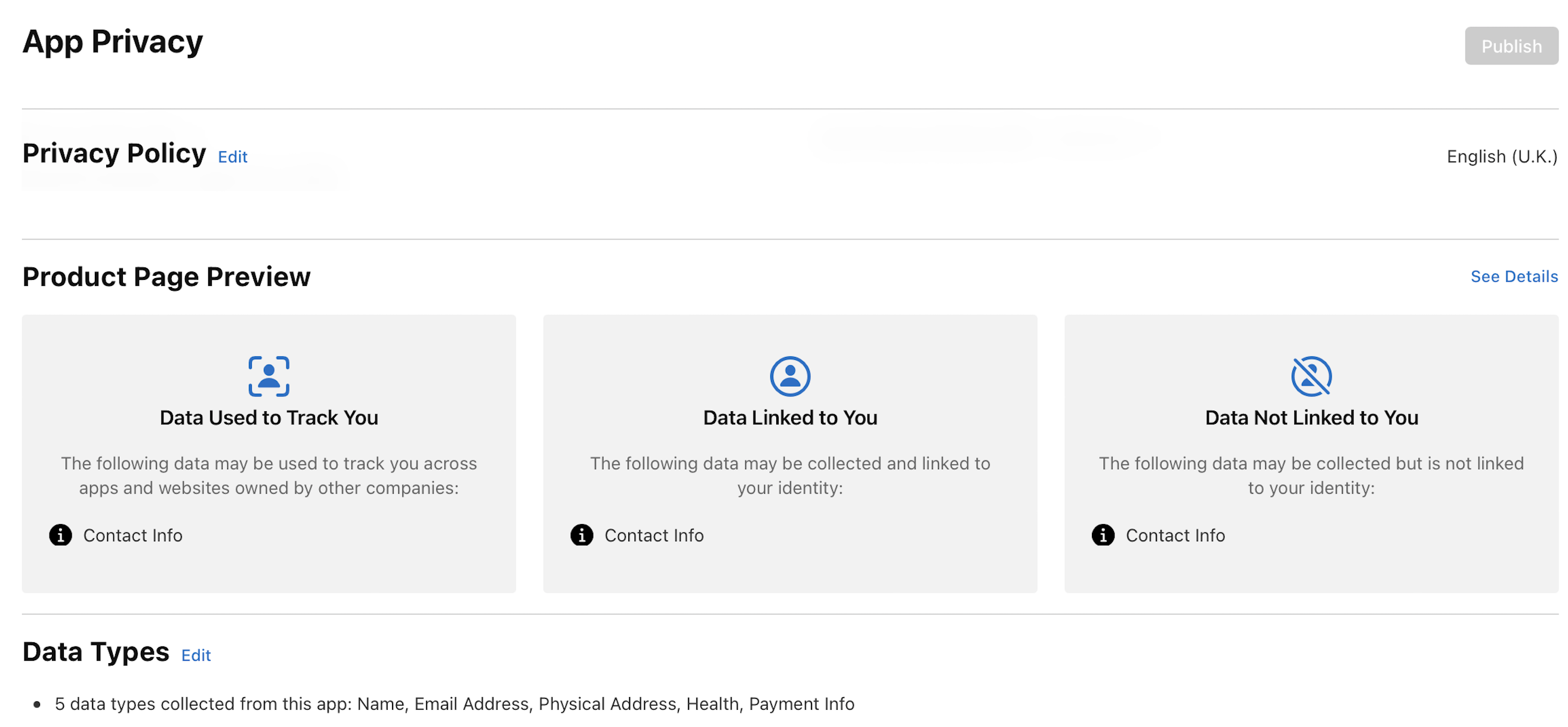 “앱이 수집하는 개인정보” 페이지의 “데이터 유형” 섹션 오른쪽에 “편집” 버튼이 표시된 모습을 보여주는 이미지입니다.