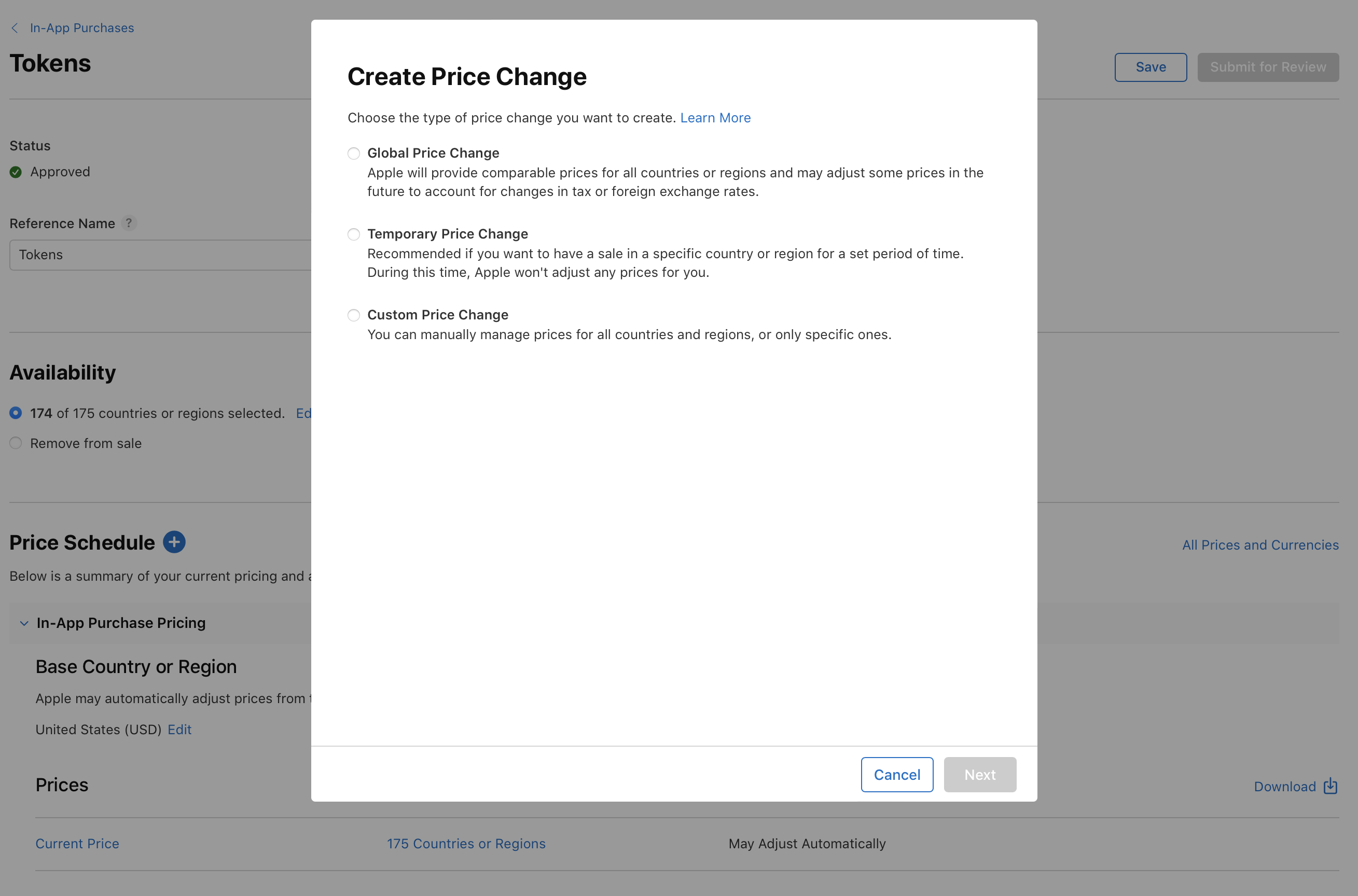 Screenshot of a Create Price Change pop-up window. Options include Global, Temporary, and Custom Price Changes. Buttons for navigation include Cancel and Next.