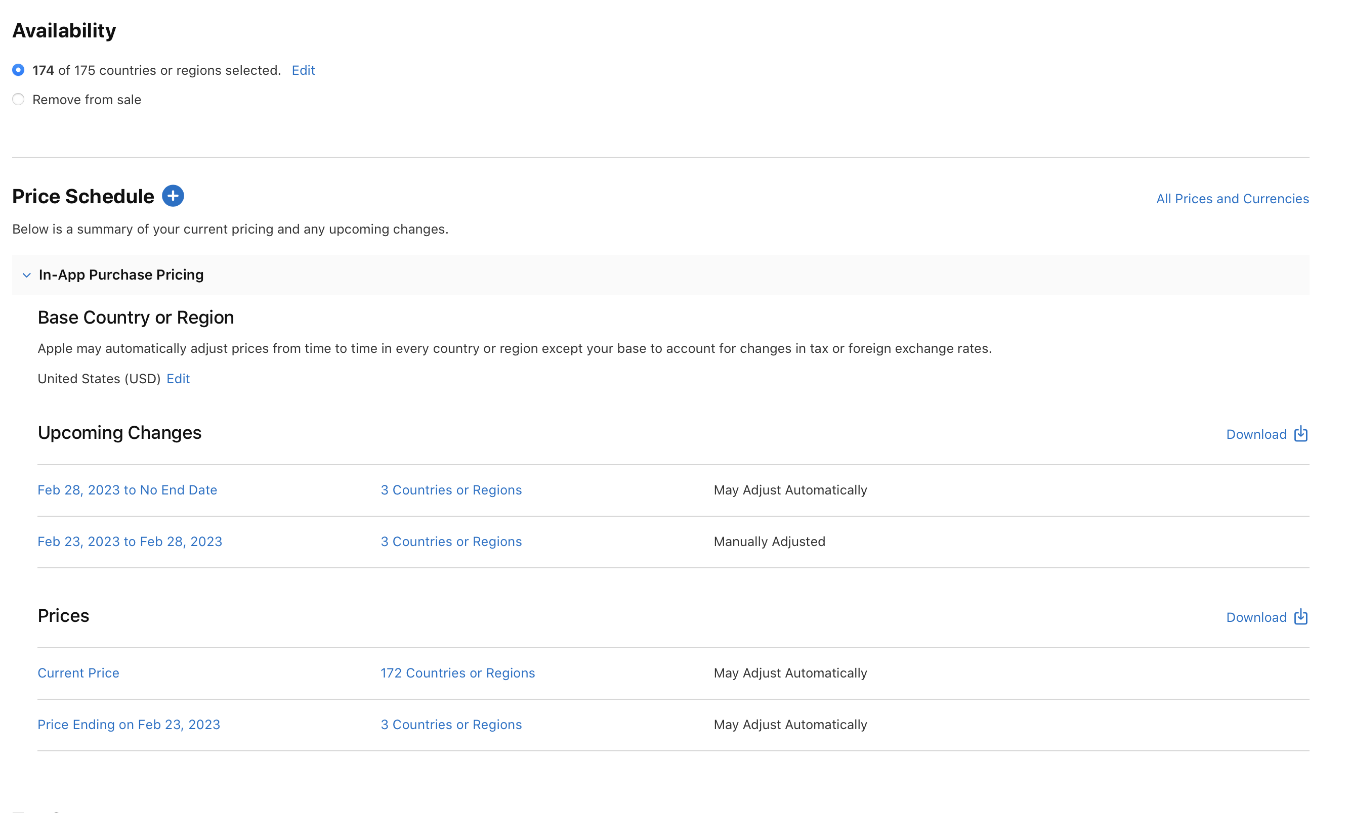 Screenshot of a form that includes options to edit and download pricing information for In-App Purchases. The form is titled Price Schedule and includes sections for Upcoming Changes and Current Price