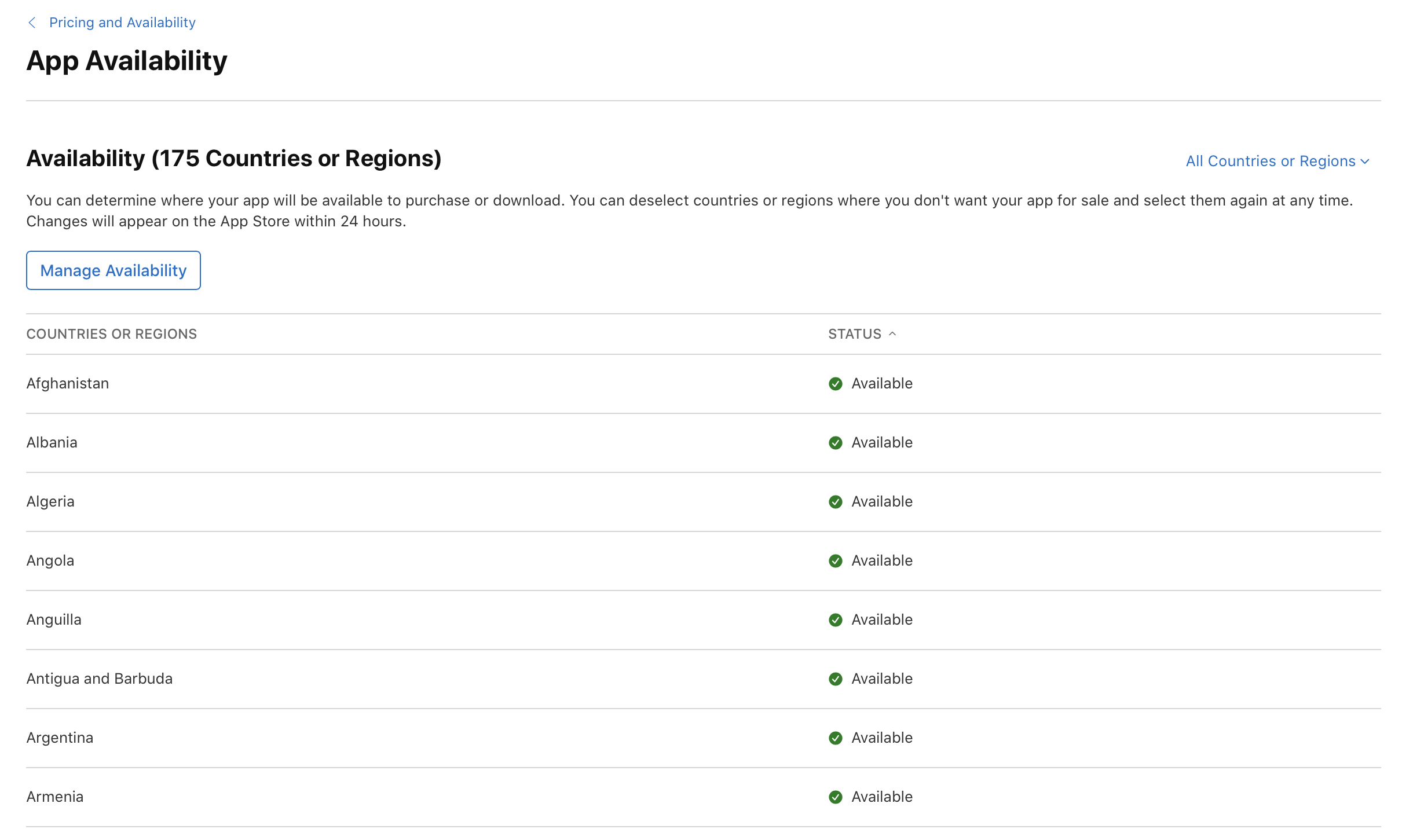“앱 사용 가능 여부” 페이지의 “사용 가능 여부(175개 국가 또는 지역)” 하단에 있는 “사용 가능 여부 관리” 버튼을 보여주는 스크린샷입니다.