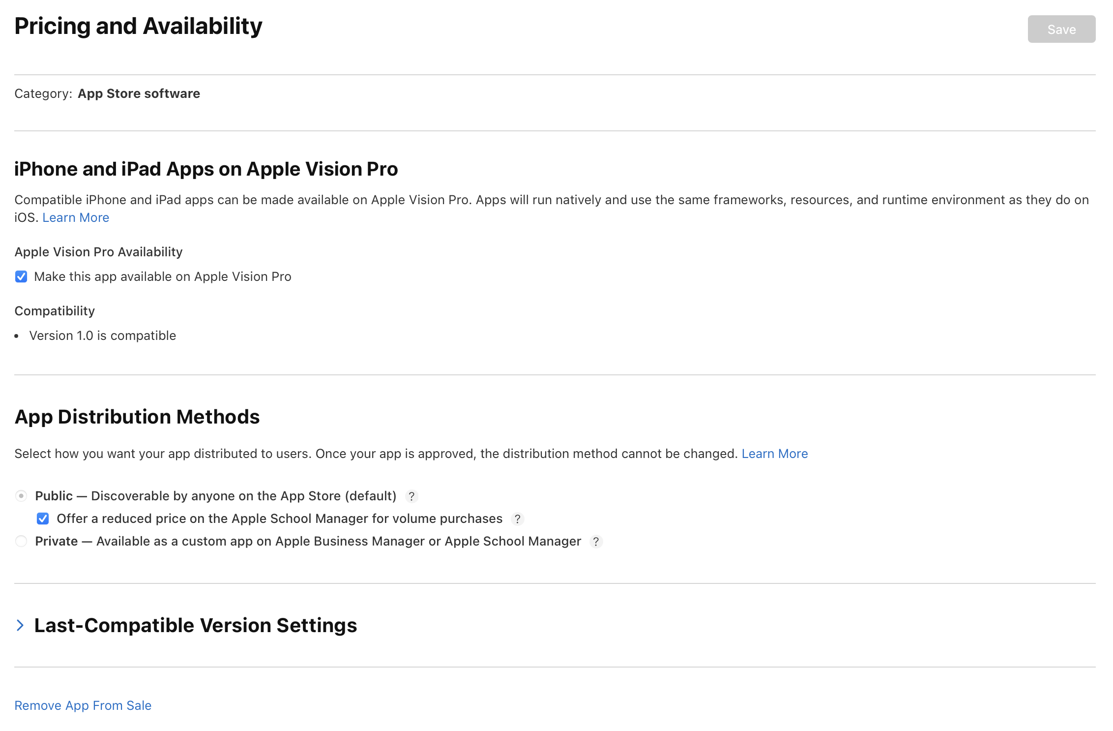 “가격 및 사용 가능 여부” 페이지의 왼쪽 하단에 클릭할 수 있는 “앱 판매 중단” 링크가 있는 모습을 보여주는 스크린샷입니다.