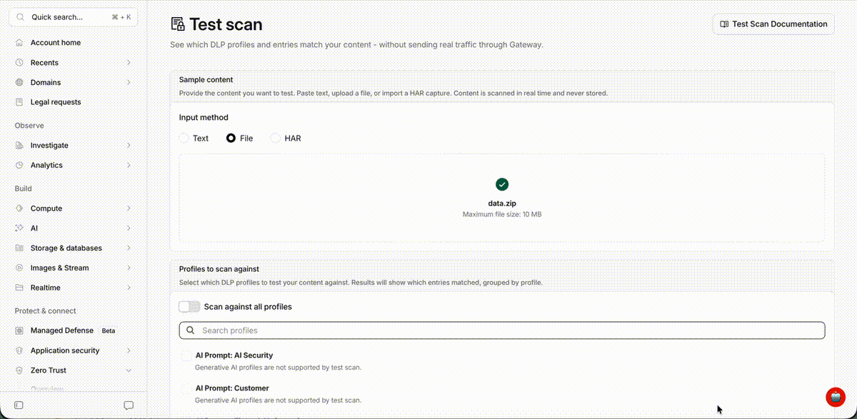 Test scan results showing matched profiles, detection entries, and match context