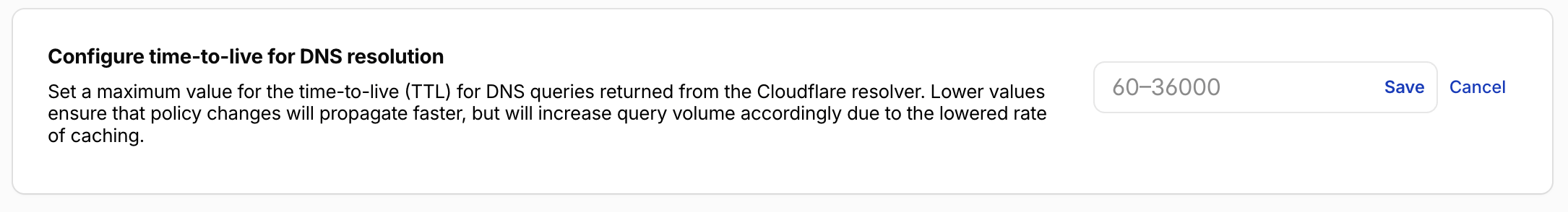 The maximum DNS TTL setting in Traffic policies > Traffic settings, showing a numeric input field that accepts values between 60 and 36,000 seconds