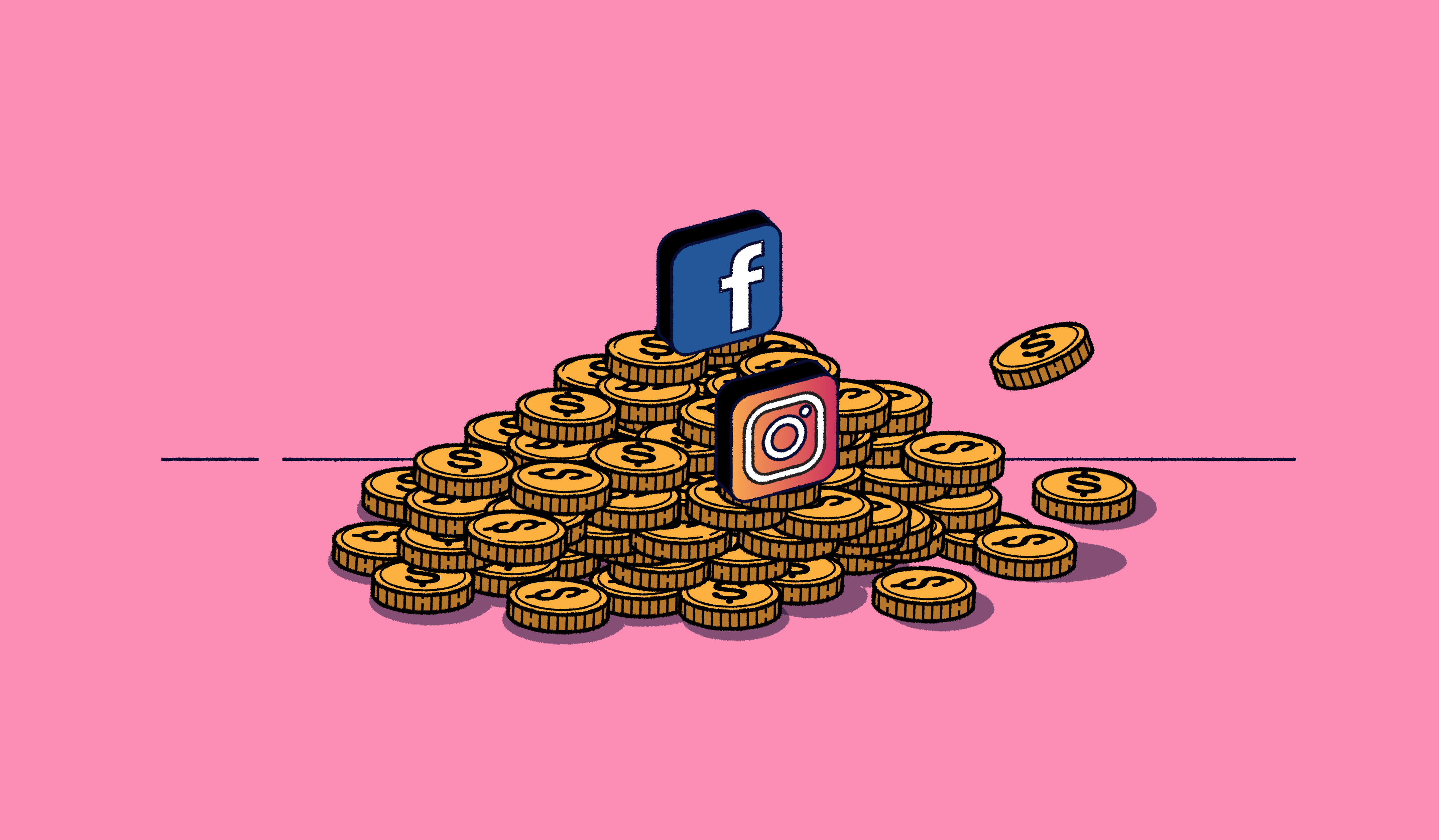 The header image is an illustration of the Meta or Facebook and Instagram icons atop a pile of gold coins.