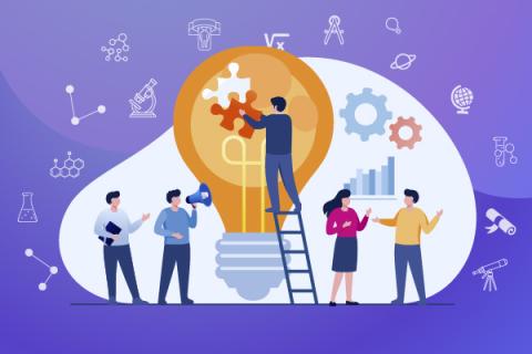 5 people collaborate on a large lightbulb idea, symbolising innovation and problem-solving