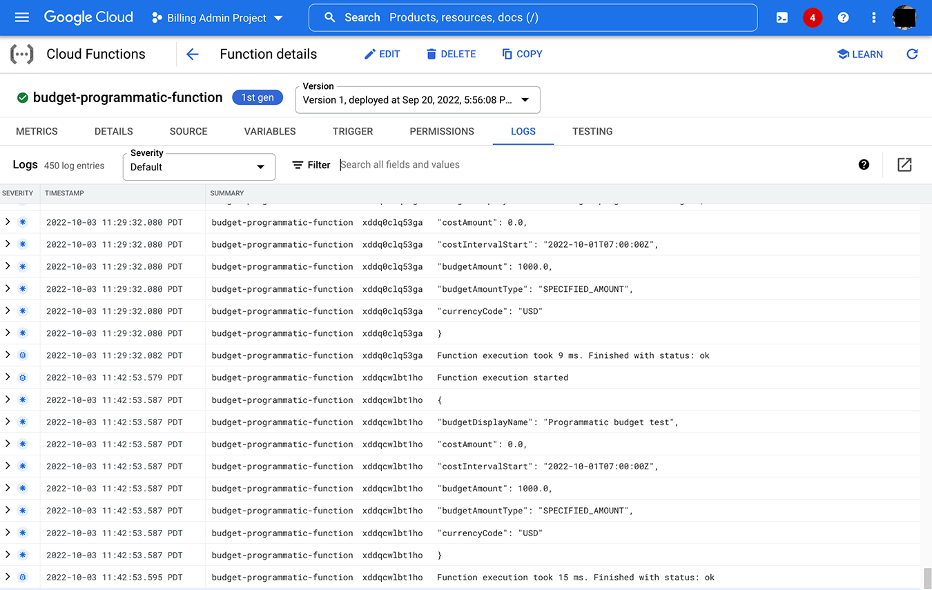 Viewing the output of Pub/Sub topics in the
Cloud Run functions logs page.