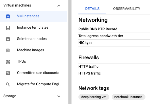 The
Virtual machines section of the console navigation menu, with VM instances
selected, showing the currently assigned network tags.