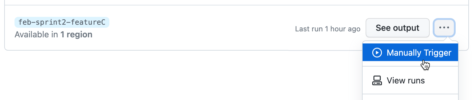 Captura de tela do menu suspenso de configuração pré-build, mostrado clicando em um botão rotulado com três pontos. A opção "Disparar manualmente" está selecionada.