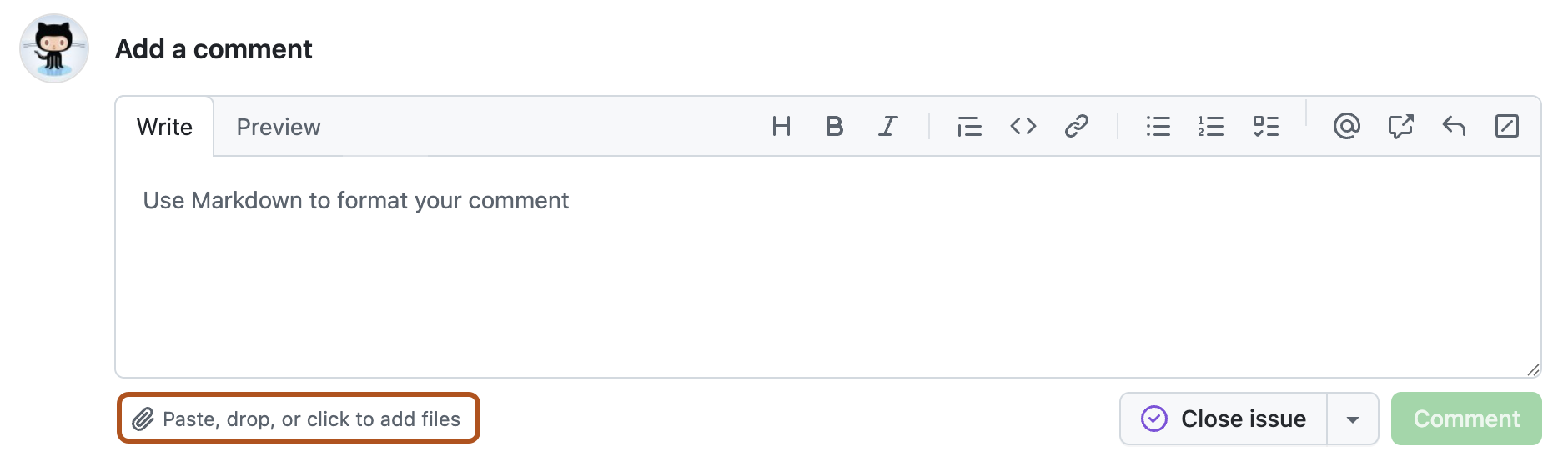 Screenshot of the issue comment box. The "Attach files" icon is outlined in orange.