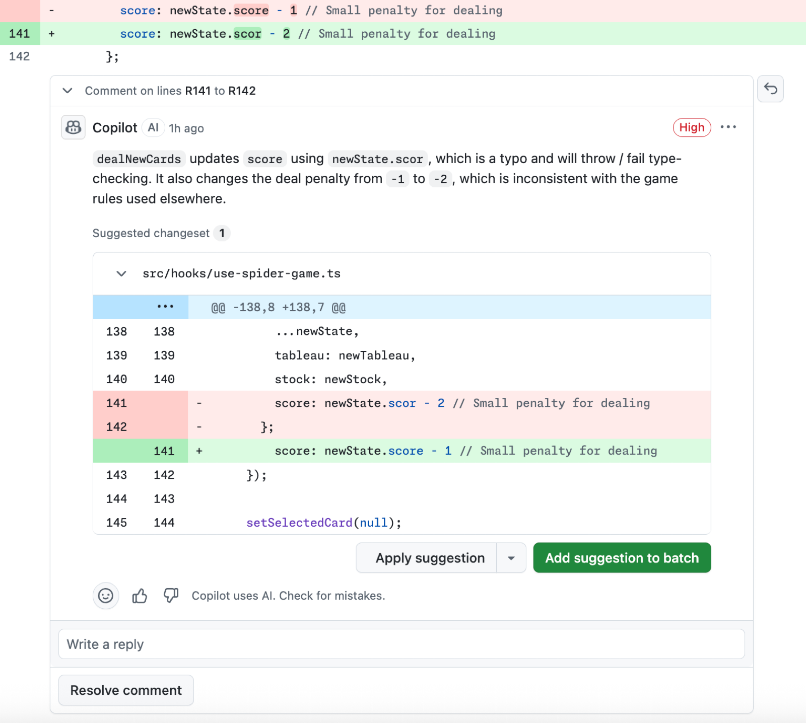 Screenshot of a code review left by Copilot.