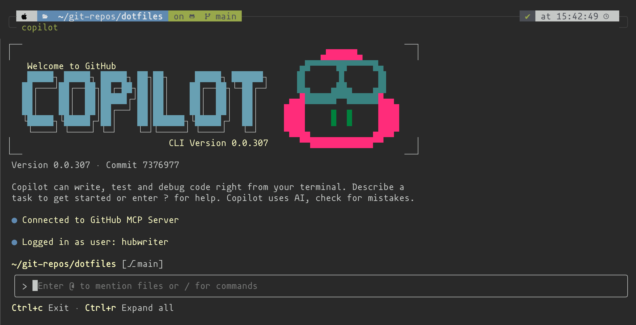 Screenshot of the Welcome message in the interactive mode of Copilot.