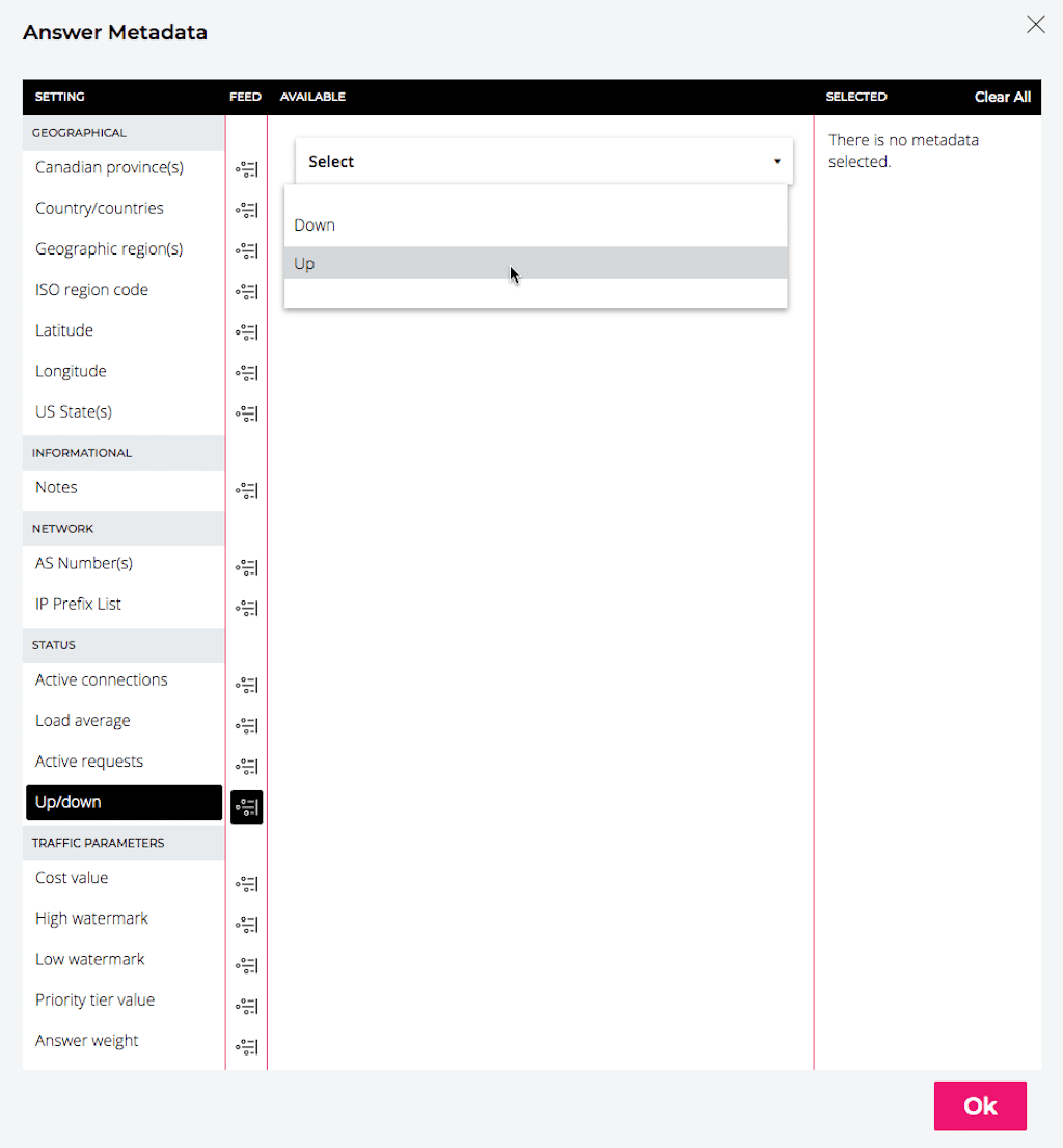 Screenshot of NS1 GUI: setting STATUS answer metadata