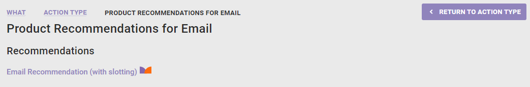 Example of the action templates available on the 'Product Recommendations for Email' panel