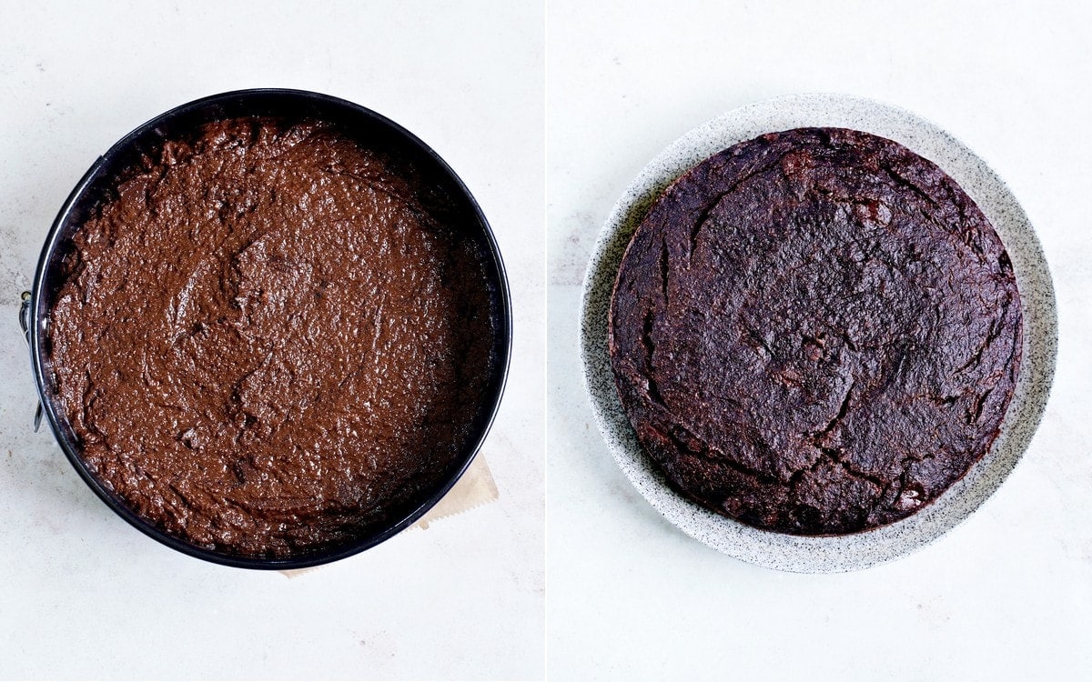 chocolate cake before and after baking