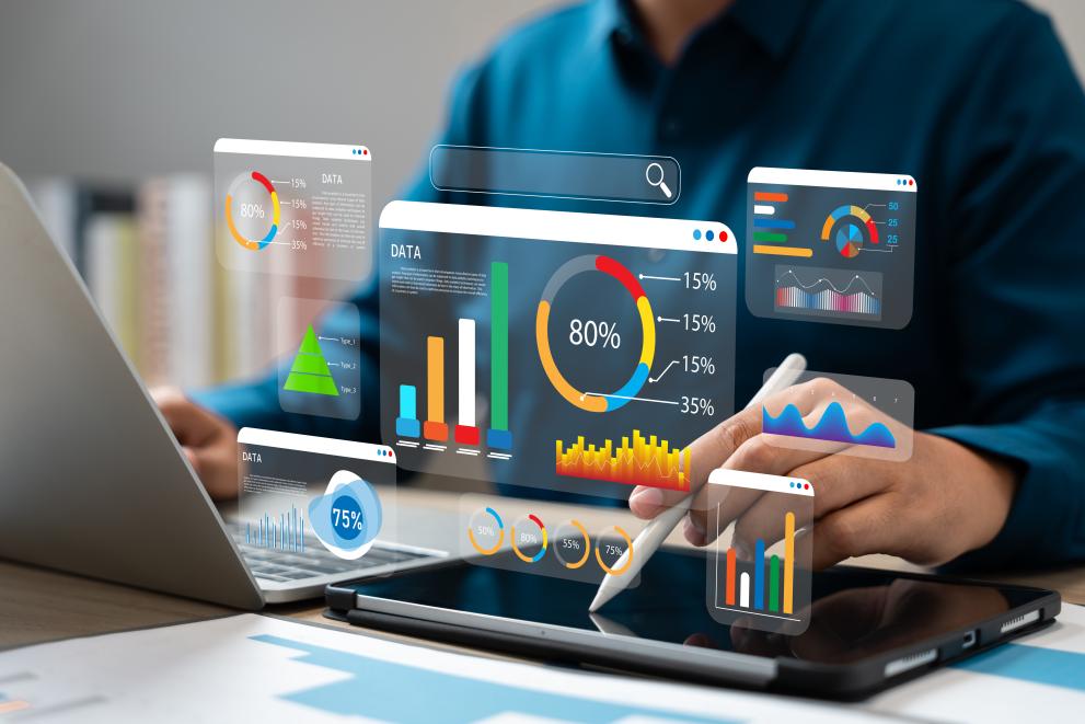 Data science and business intelligence, Business data analytics, Analyst using big data dashboard for performance evaluation, KPI metrics, Strategic decision making with AI