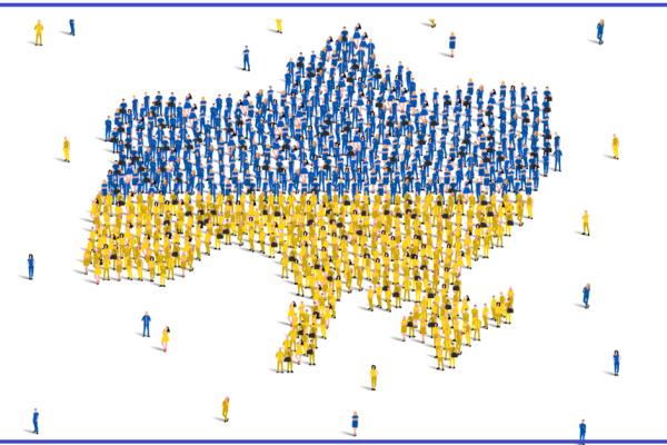 Detail of the cover of the brochure: people gathering in a Ukraine state shape