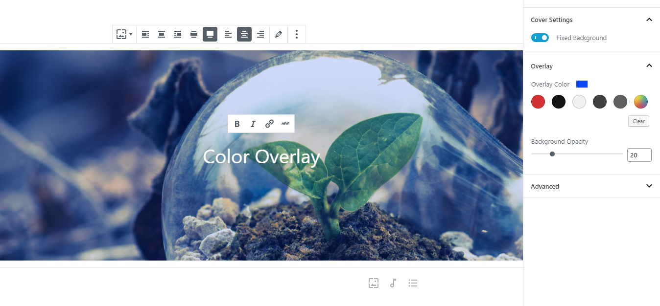 「カラーオーバーレイ」オプションは「オーバーレイ」の下のサイドバーにあり、一連の色からの選択、カスタムカラーの設定、不透明度の設定を行うことができる。
